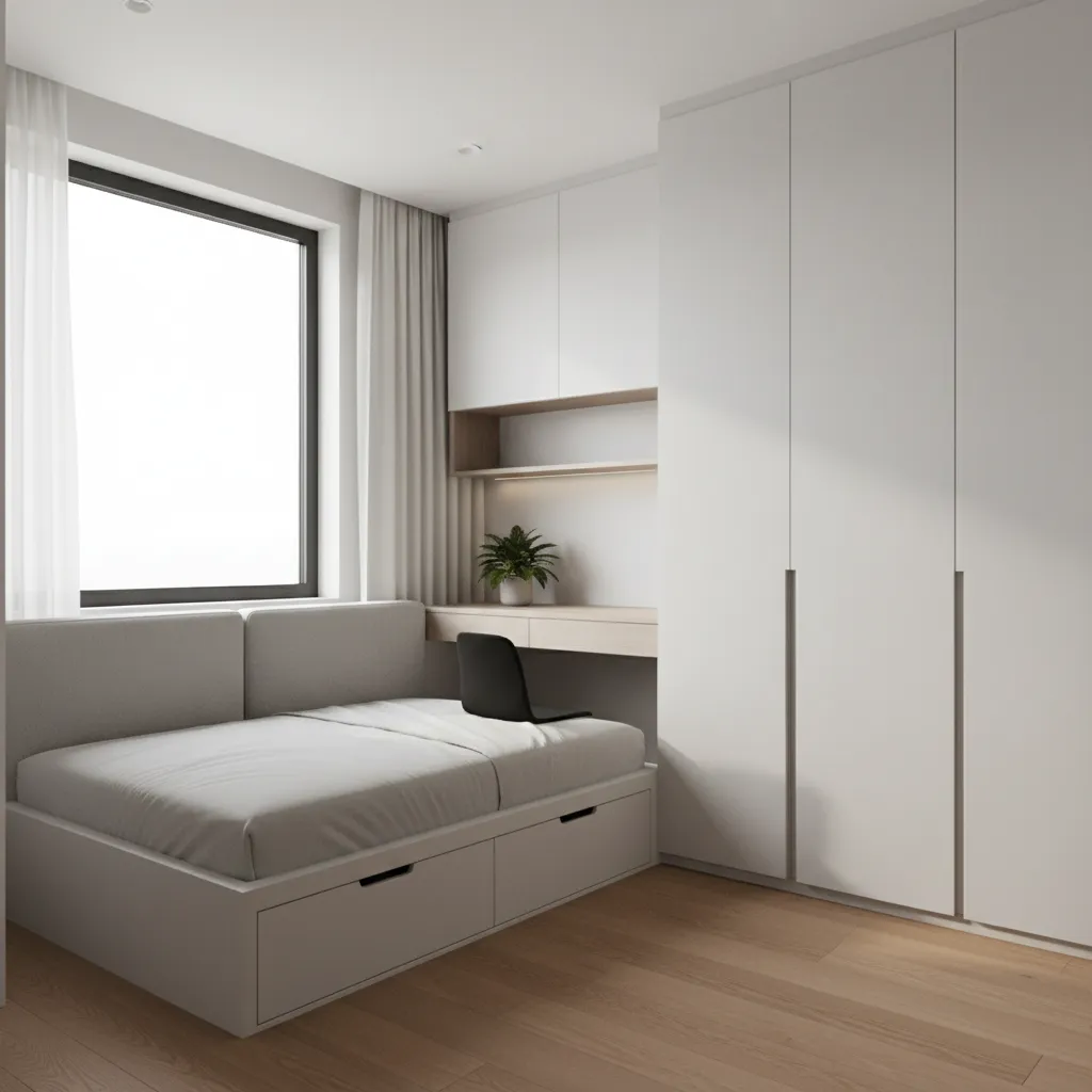 Small modern bedroom featuring bed with storage drawers built in desk and large white wardrobe
