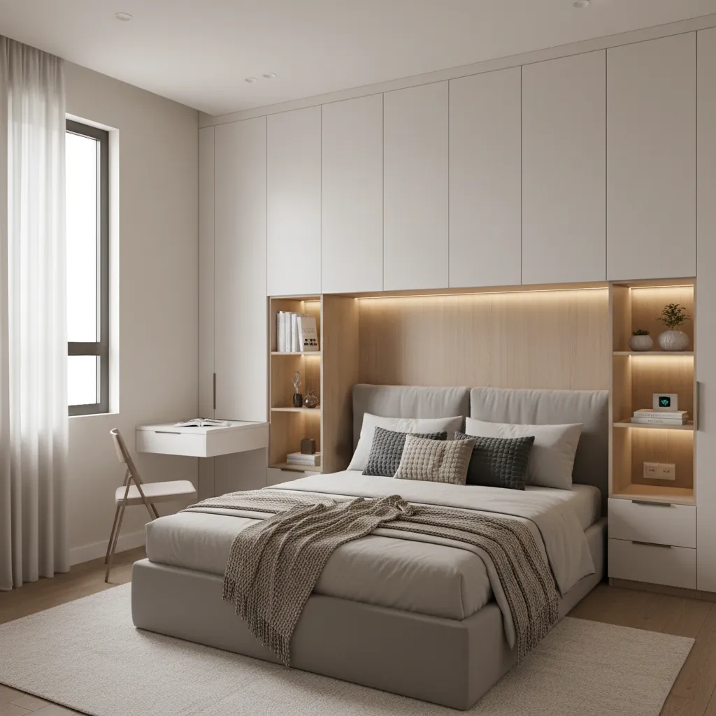 Dormitorio pequeño bien organizado con almacenamiento integrado