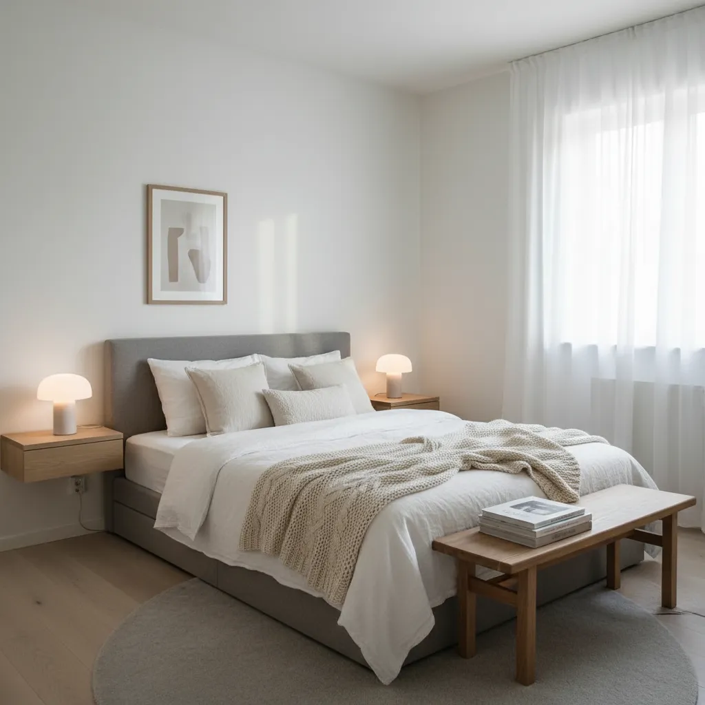 Bright bedroom with grey bed floating wooden nightstands a wood bench and round grey rug