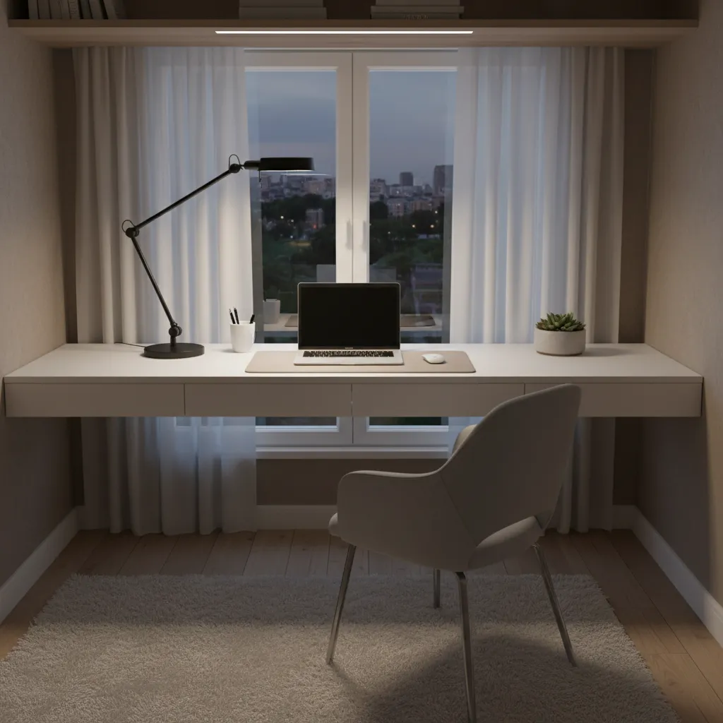 Compact bedroom desk setup with proper lighting