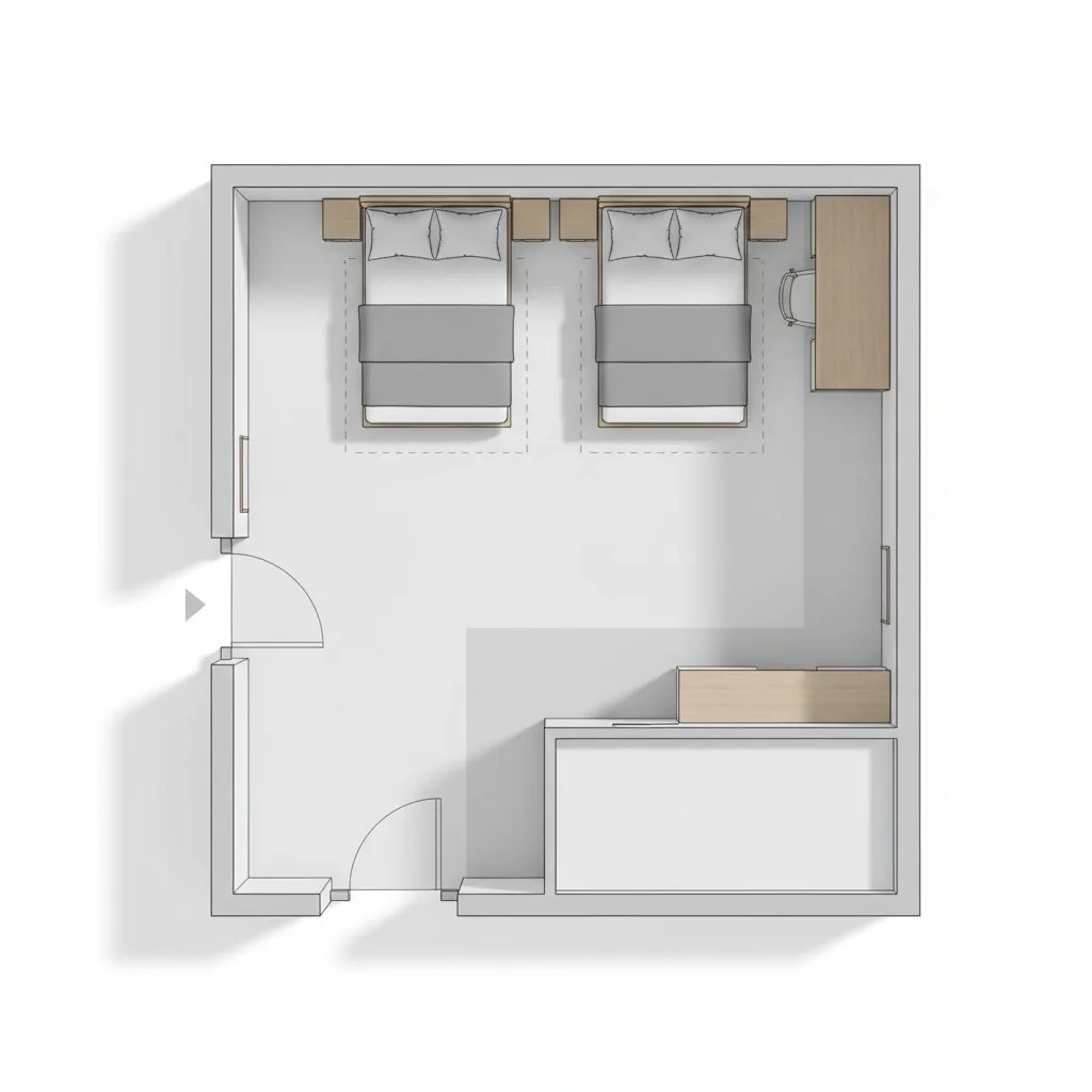 Top down layout diagram of an 8x6 bedroom with bed and walking path