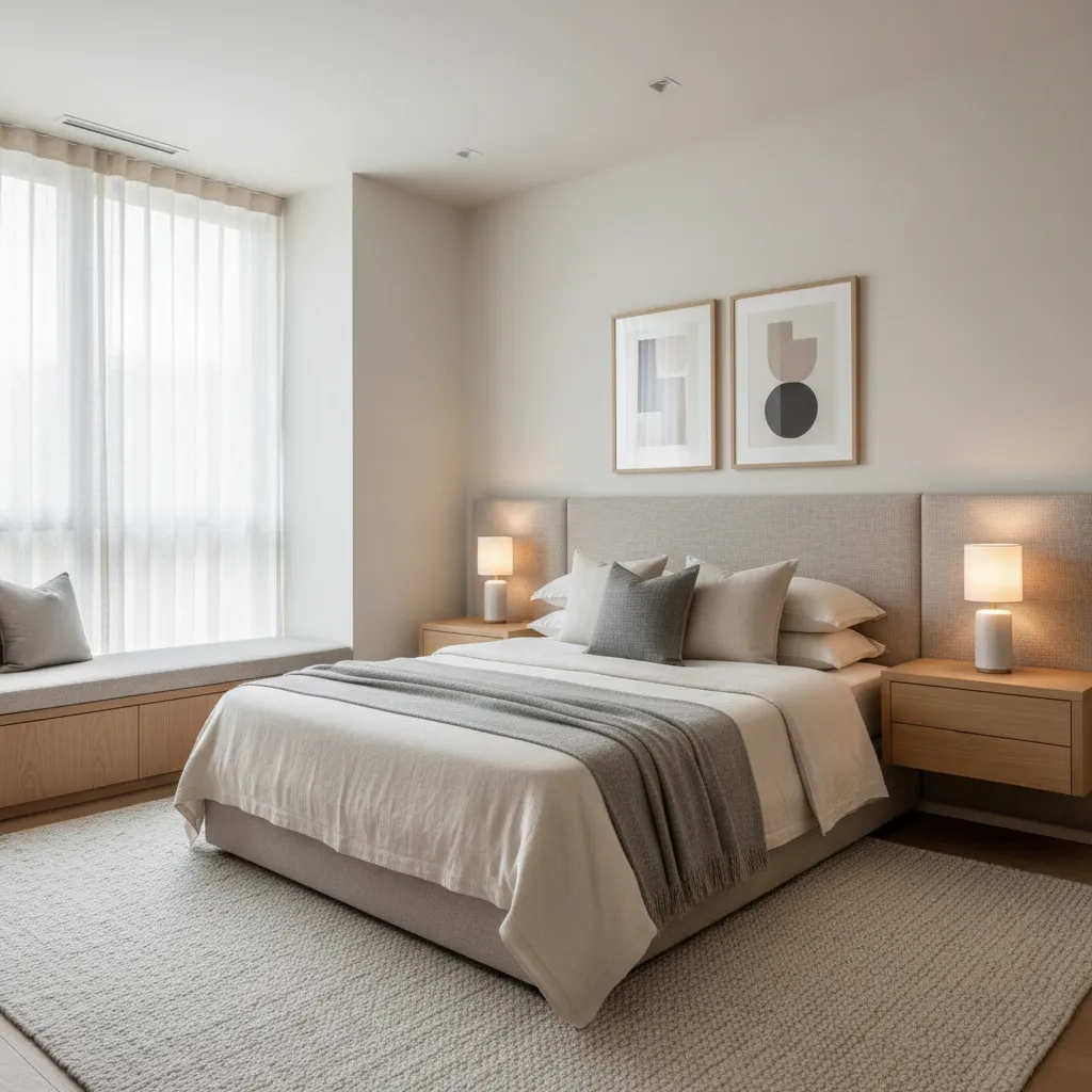 Modern neutral bedroom featuring double bed wooden side tables table lamps and framed wall art