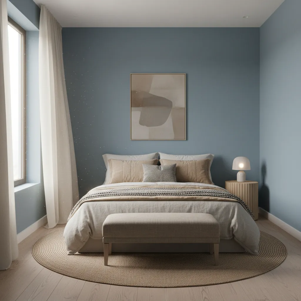 Compact bedroom with dusty blue walls creating a calm atmosphere