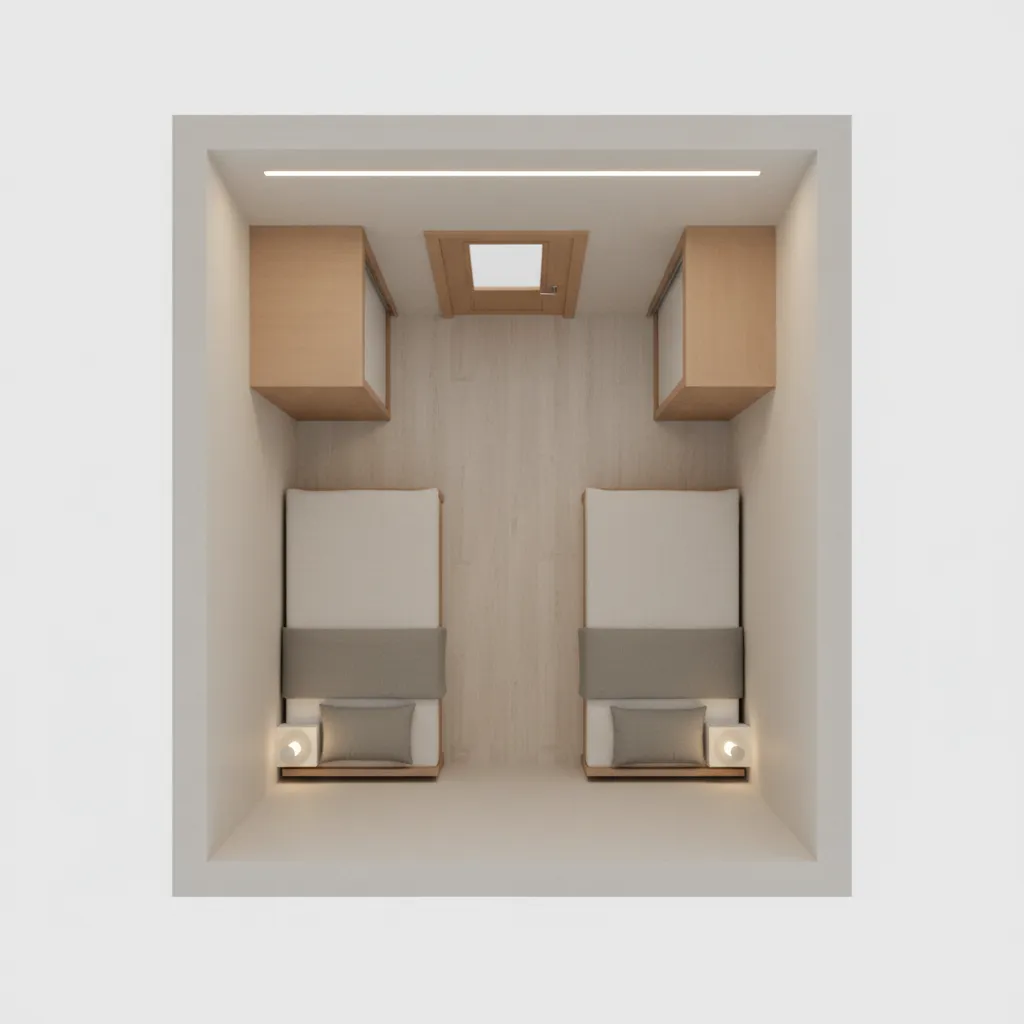 Small bedroom layout showing clear walkway from beds to door for safety
