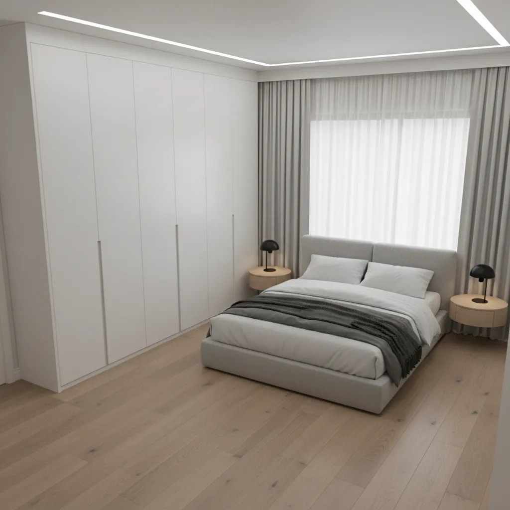 small bedroom layout with fitted furniture wall and open floor space