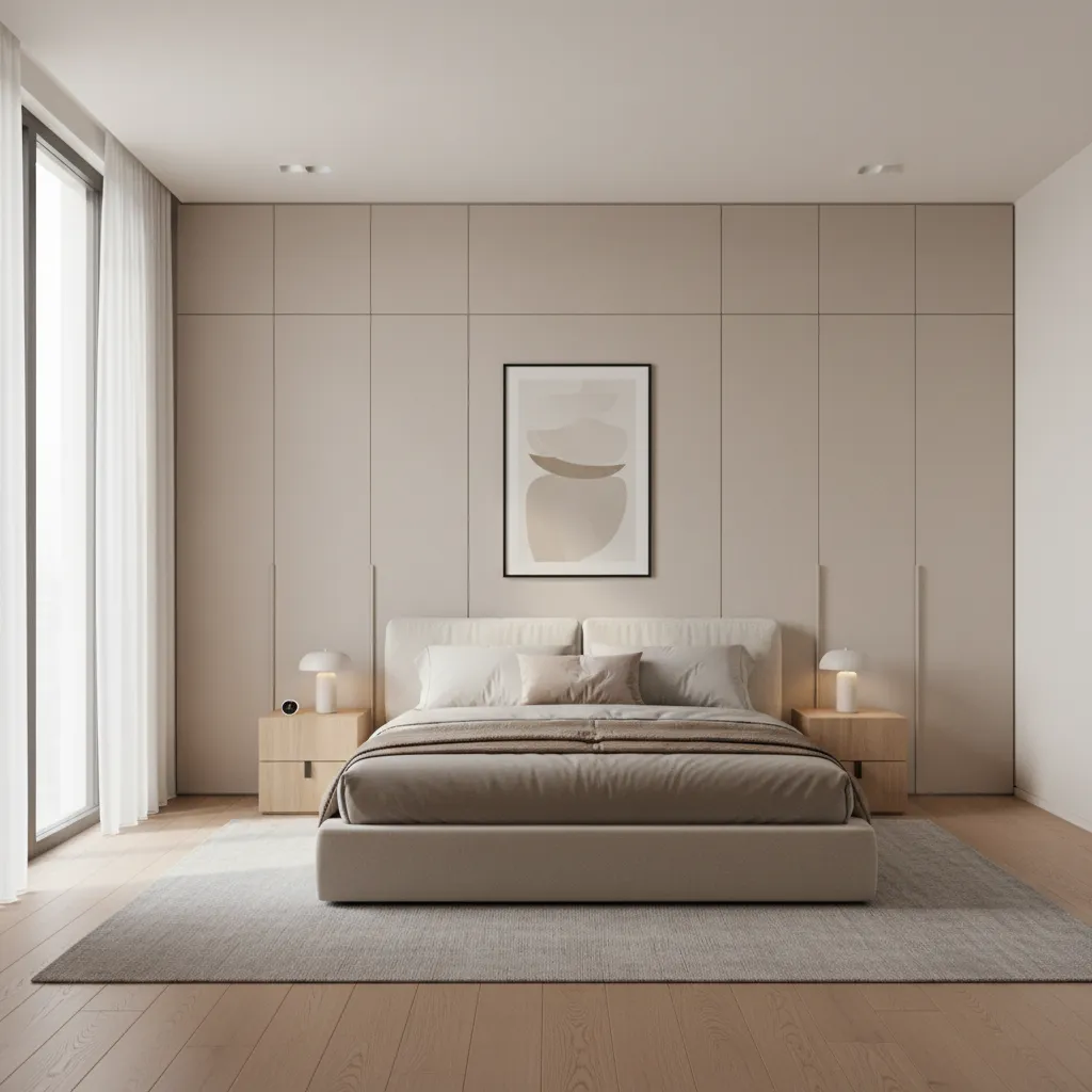 compact bedroom with built in wardrobe wall and minimal decor