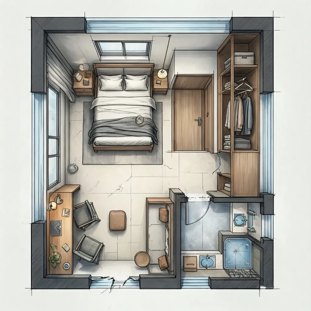 Simple floor plan layout showing compact bedroom design converted from utility space