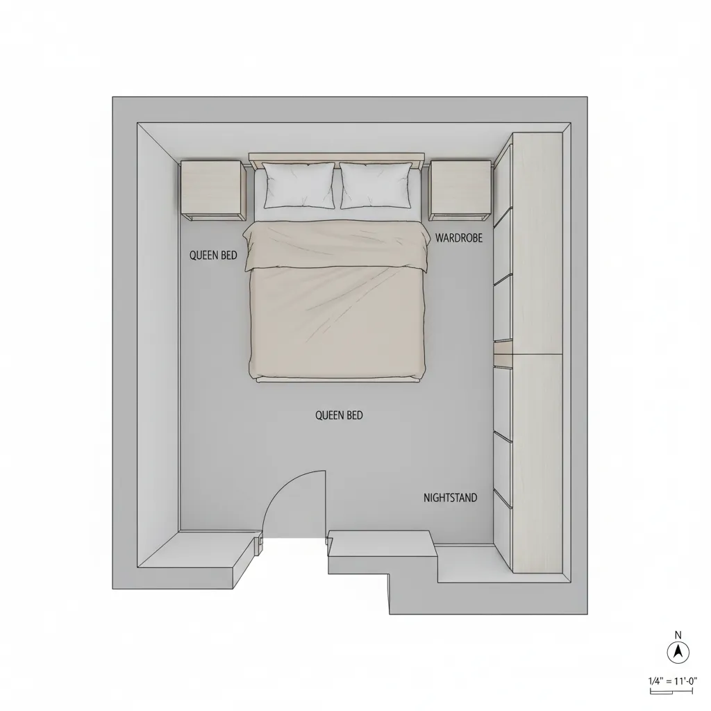 Small bedroom floor plan with bed wardrobe and walkway spacing