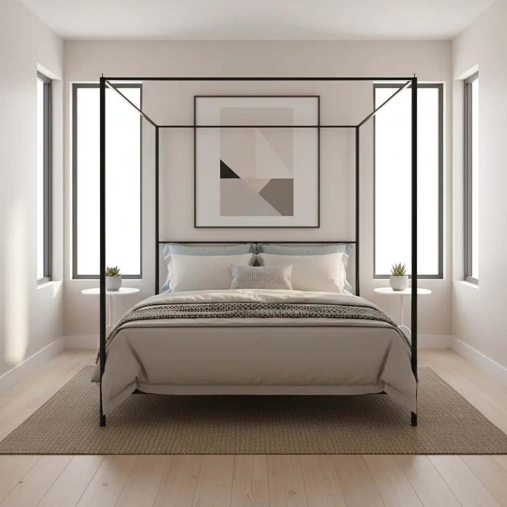 compact bedroom featuring a minimalist four poster bed centered in the room
