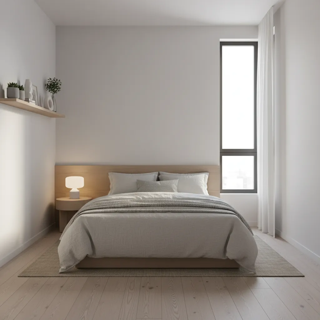 Compact bedroom layout showing full bed positioned along wall