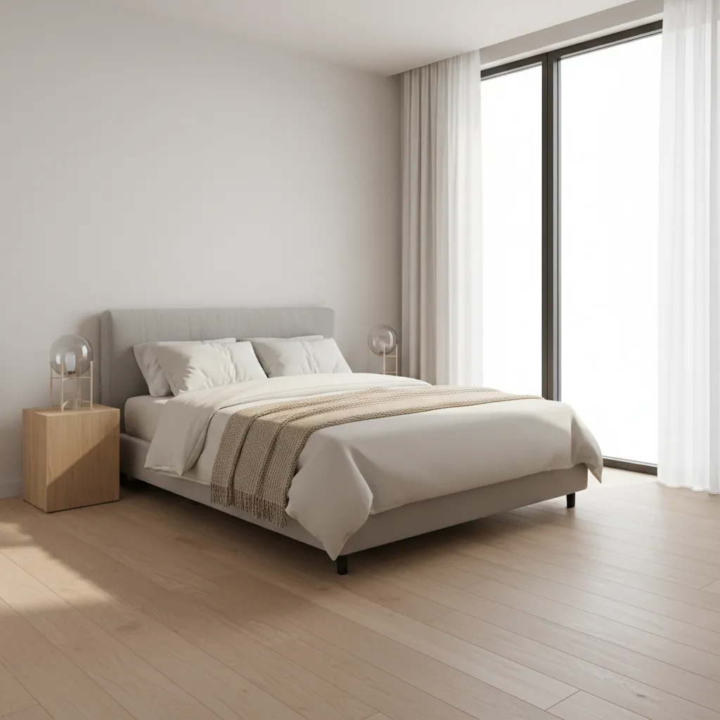 Compact bedroom with a full bed and minimal furniture showing efficient use of space