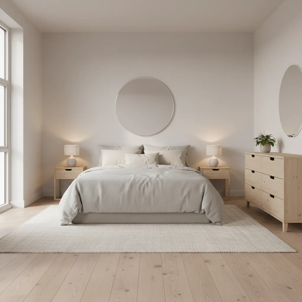 full bed bedroom layout with dresser and nightstands in small room