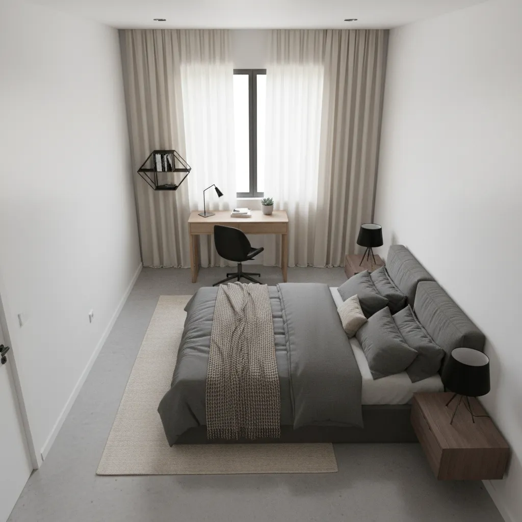 Small bedroom layout showing efficient bed and desk placement