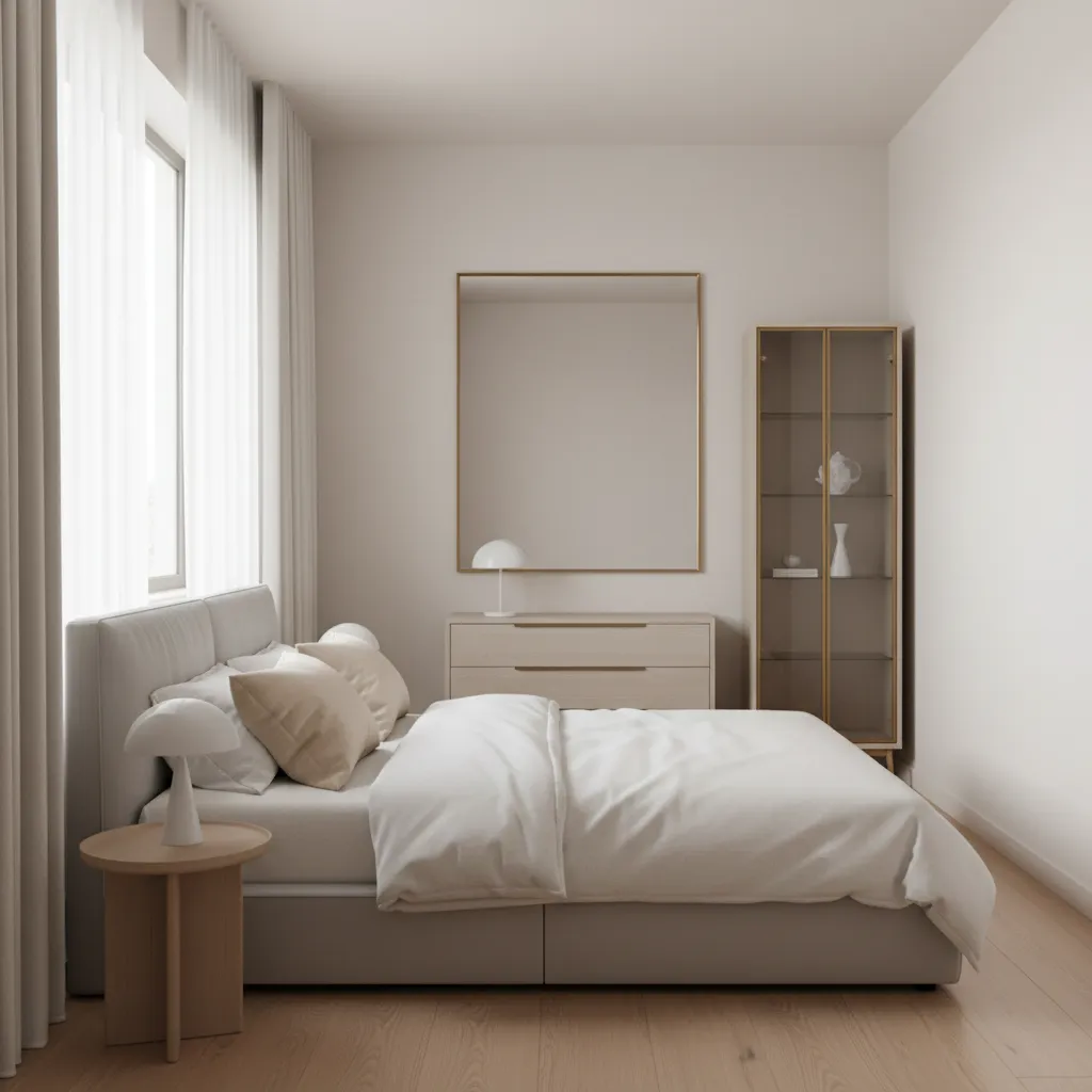 Small bedroom with a narrow glass china cabinet beside a bed