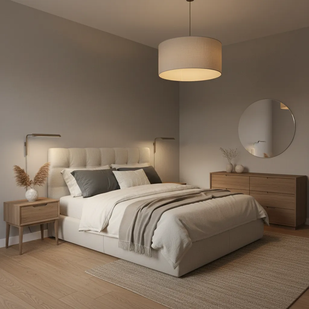 Compact bedroom with greige wall color creating depth and warmth
