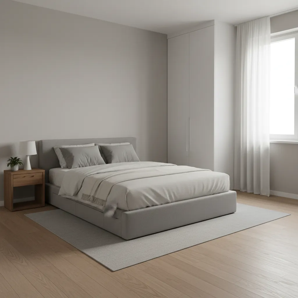 Compact bedroom with low profile grey platform bed and minimal decor