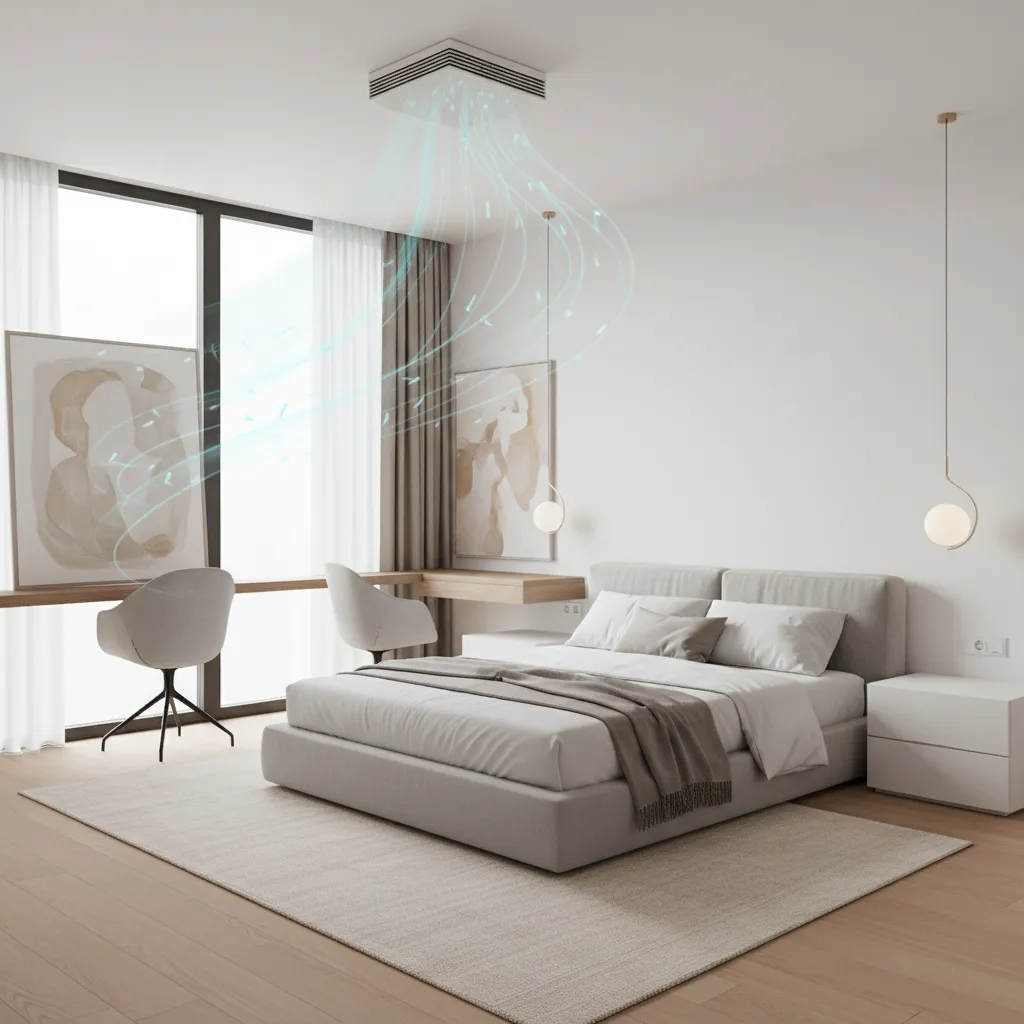 Small bedroom with ceiling HVAC vent showing airflow distribution