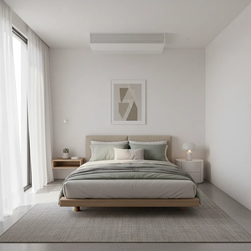 Small bedroom with ceiling air vent delivering conditioned air