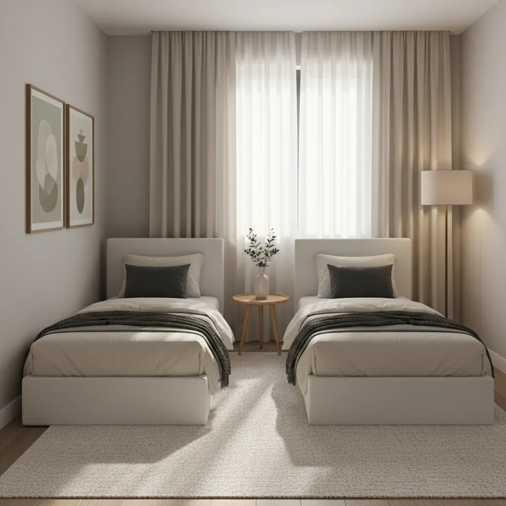 Small residential bedroom with L shaped twin bed arrangement