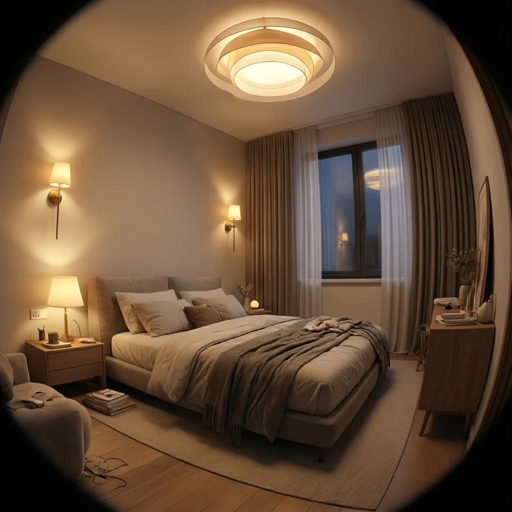 Layered lighting design in a compact bedroom interior