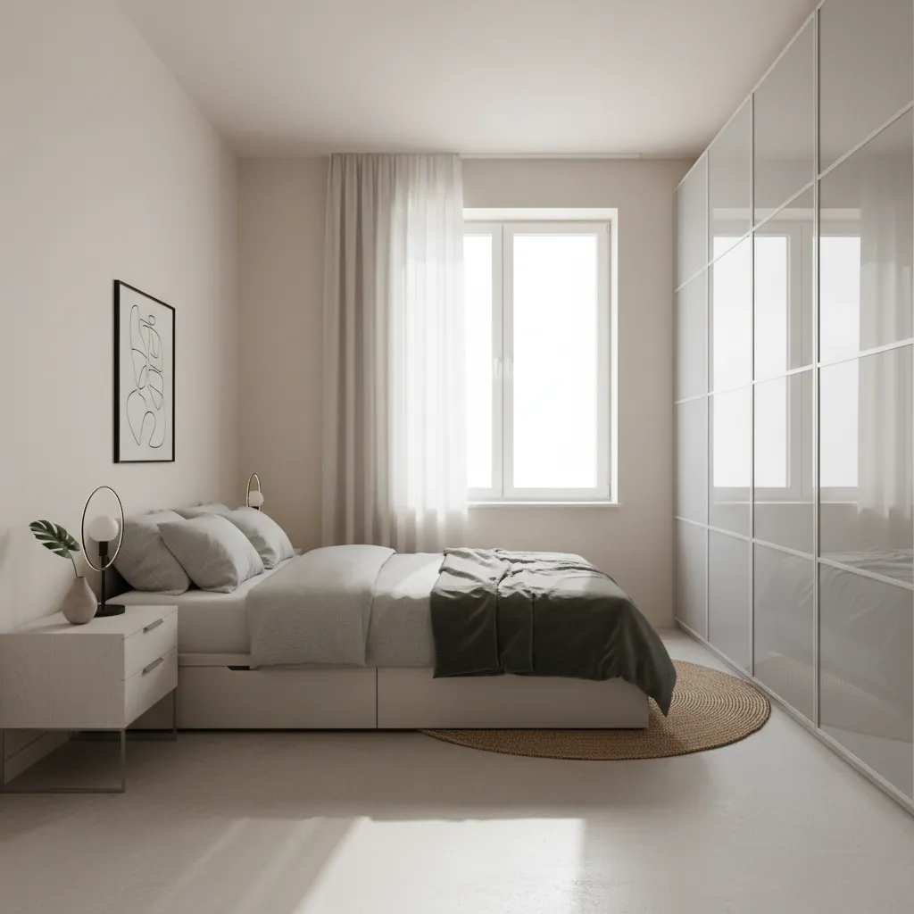 Dormitorio pequeño bien distribuido con muebles esenciales