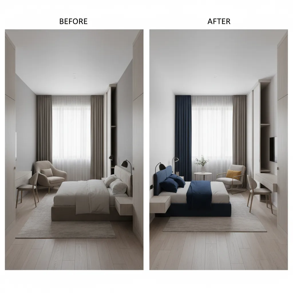 Comparison of poor and improved small bedroom chair placement