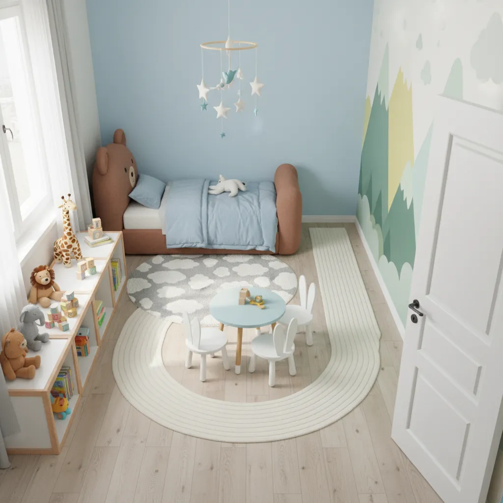 Optimized layout for a small animal themed bedroom with clear walking path