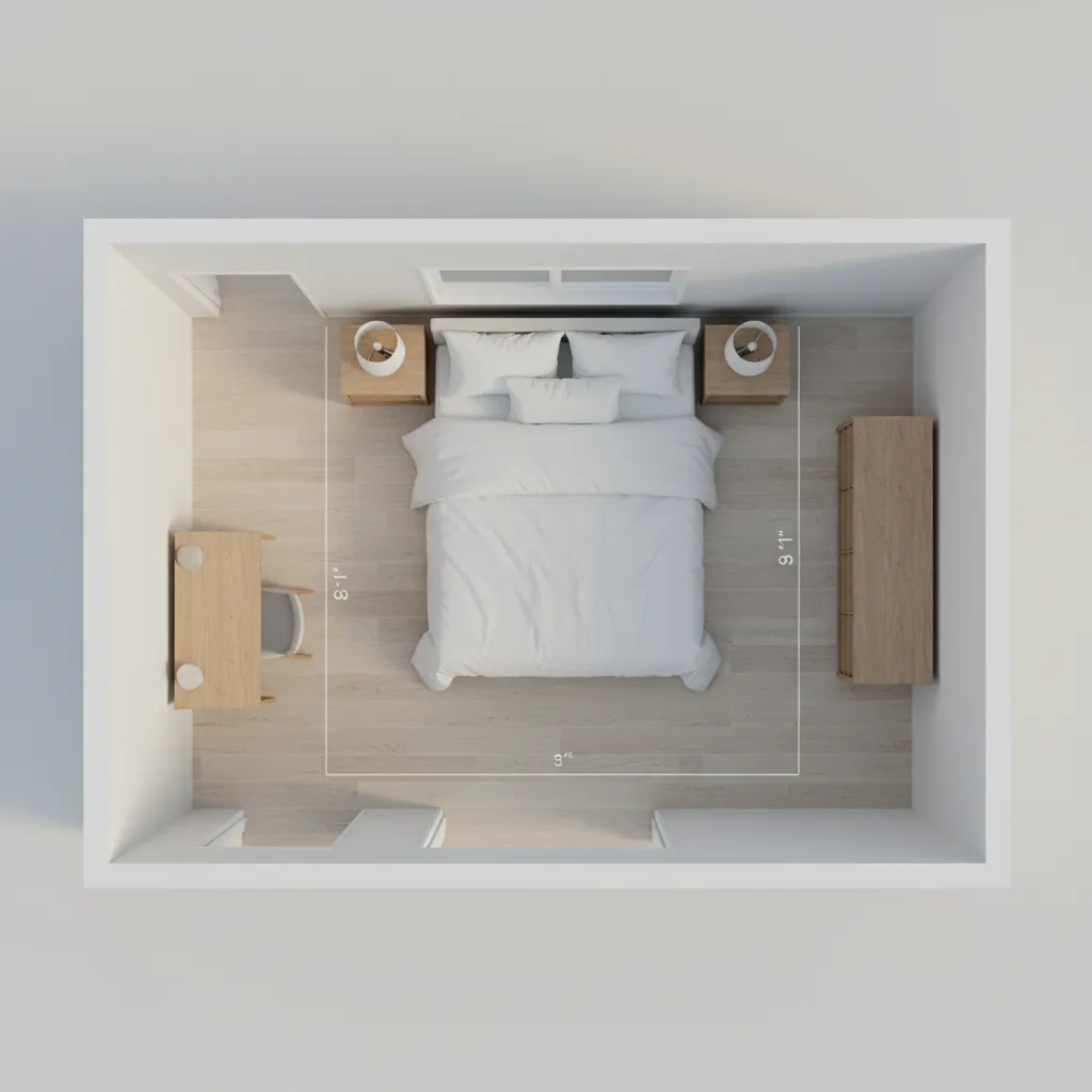 10x13 bedroom floor layout showing circulation walking space