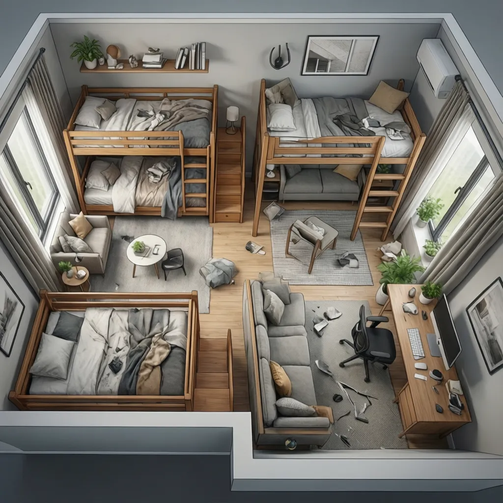 comparison layout showing bunk bed versus loft bed arrangement in a small bedroom