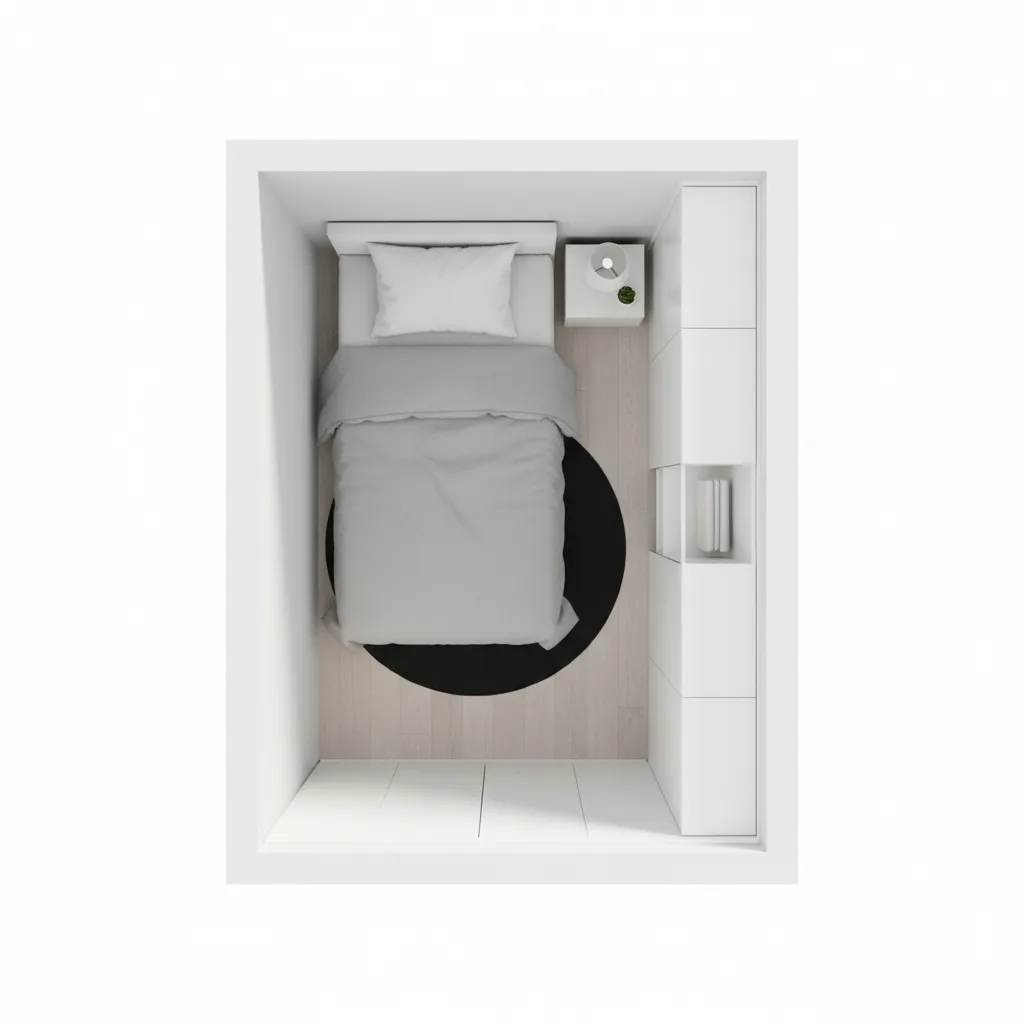 Top view interior design drawing of a small bedroom with grey bed white cabinets rug