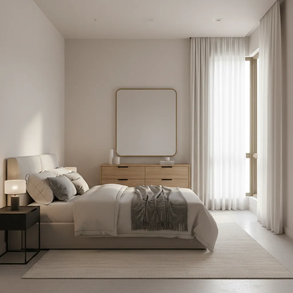 compact 9 x 12 bedroom layout showing efficient furniture placement