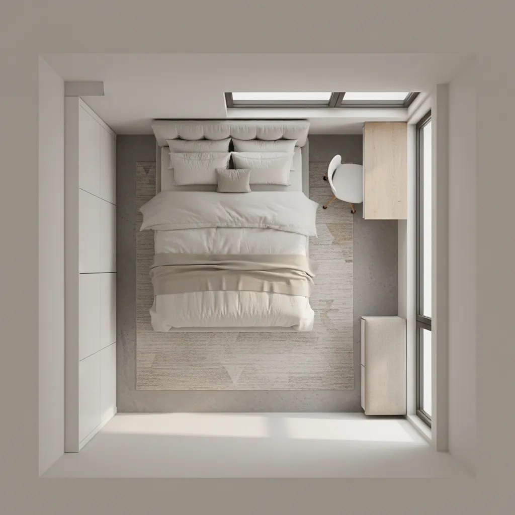 Distribución optimizada de un dormitorio pequeño con cama contra la pared