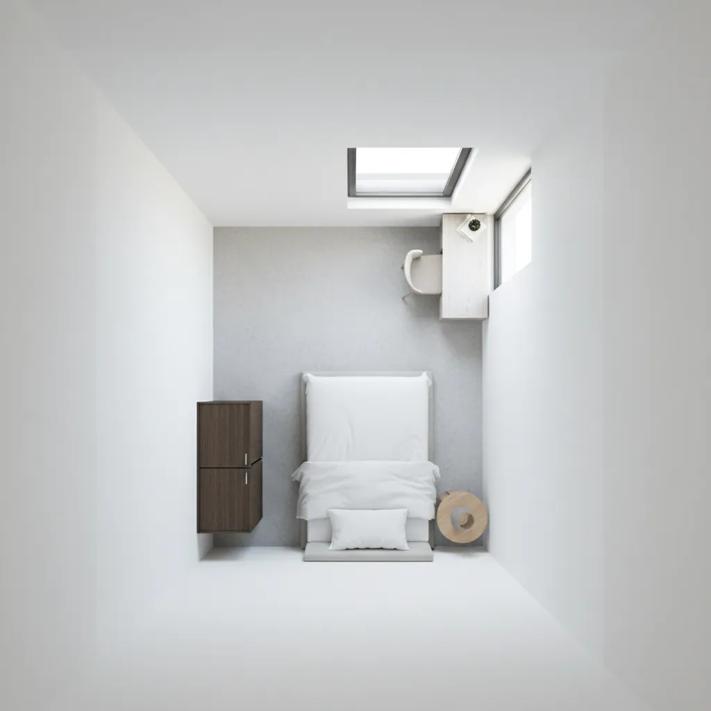 Compact bedroom layout planning in a narrow converted laundry room space