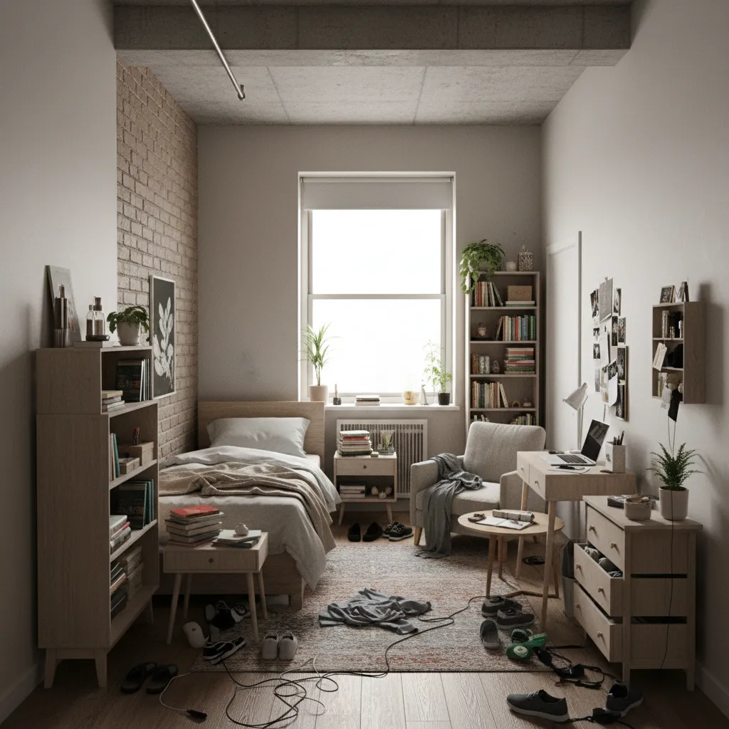 Habitación pequeña con demasiados muebles y mala distribución