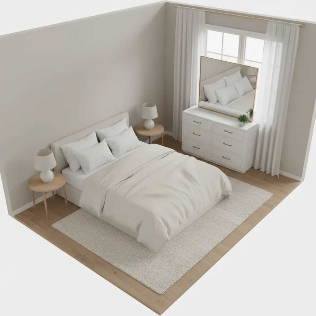 Top view layout diagram of small bedroom with queen bed placement options