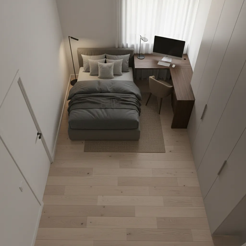 Small bedroom layout with clear walking path and corner desk setup