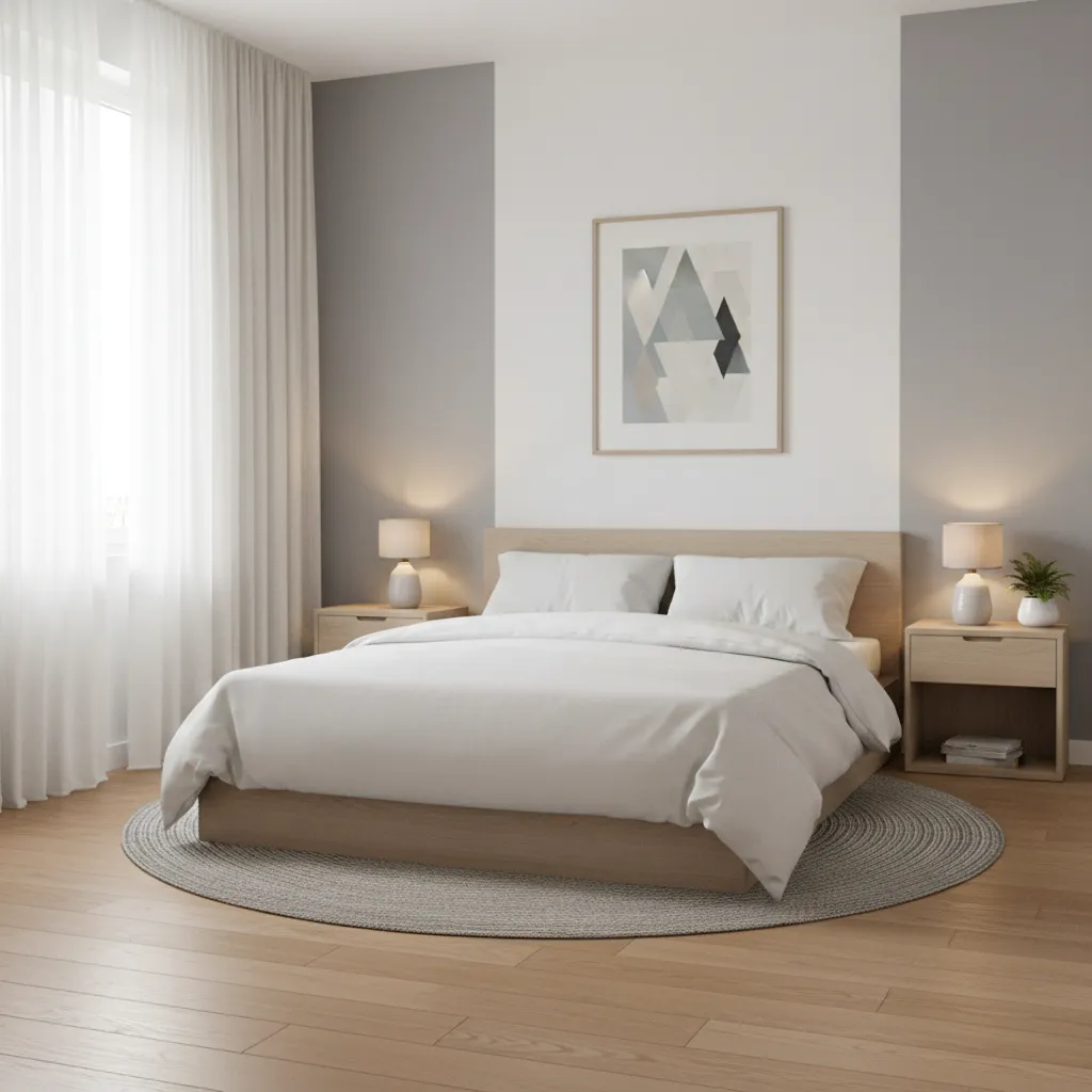 dormitorio pequeño con tonos claros y diseño minimalista
