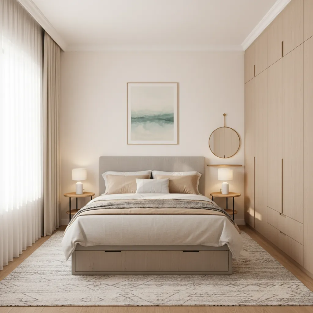 Light colored small bedroom interior for a 1 BHK apartment