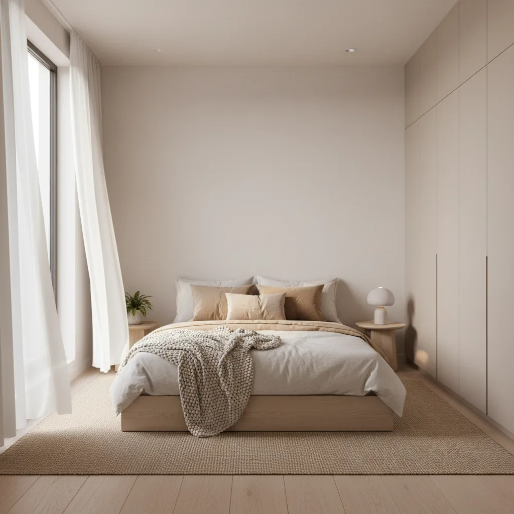 Dormitorio pequeño con pintura neutra clara que mejora la iluminación natural