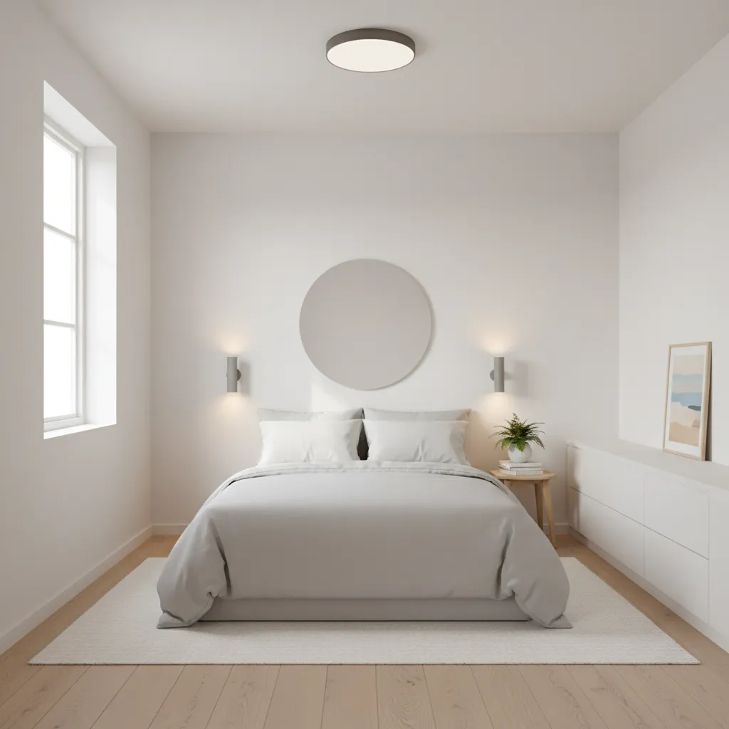 Light colored compact bedroom with layered lighting to make the space feel larger