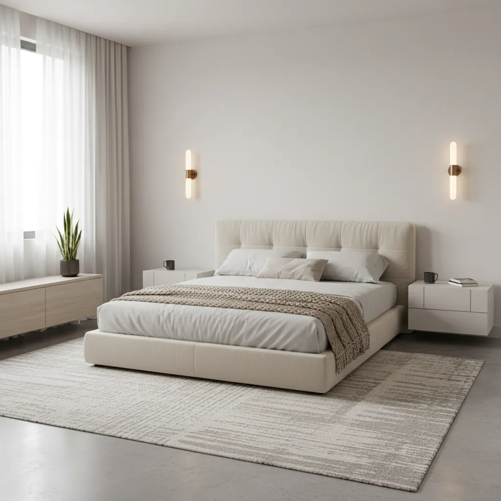 Decluttered 12x12 bedroom with wall sconces and minimal decor