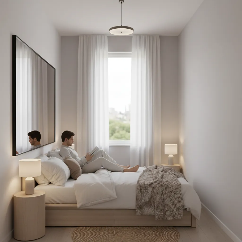 Small bedroom using mirror and lighting to create larger feeling space