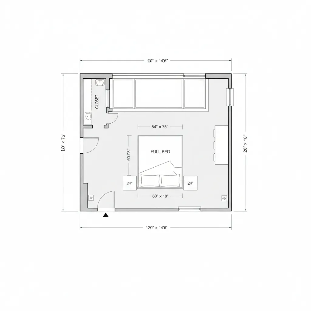 Bedroom floor plan with measurements showing full bed placement