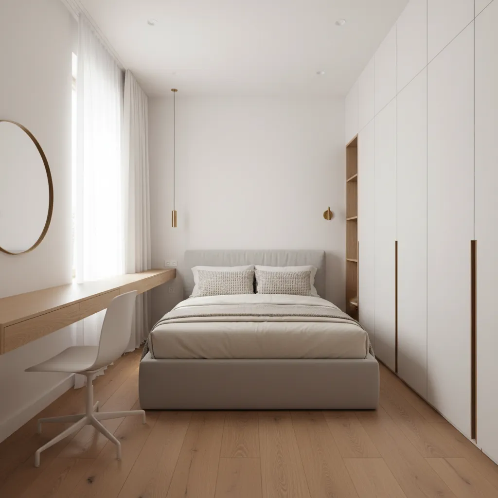 Minimalist modern bedroom with white walls, wooden floor, grey bed, desk, chair, mirror, and closet