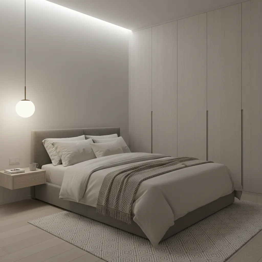 Minimalist bedroom with grey bed, white wardrobe, hanging light fixture, wooden nightstand and patterned rug