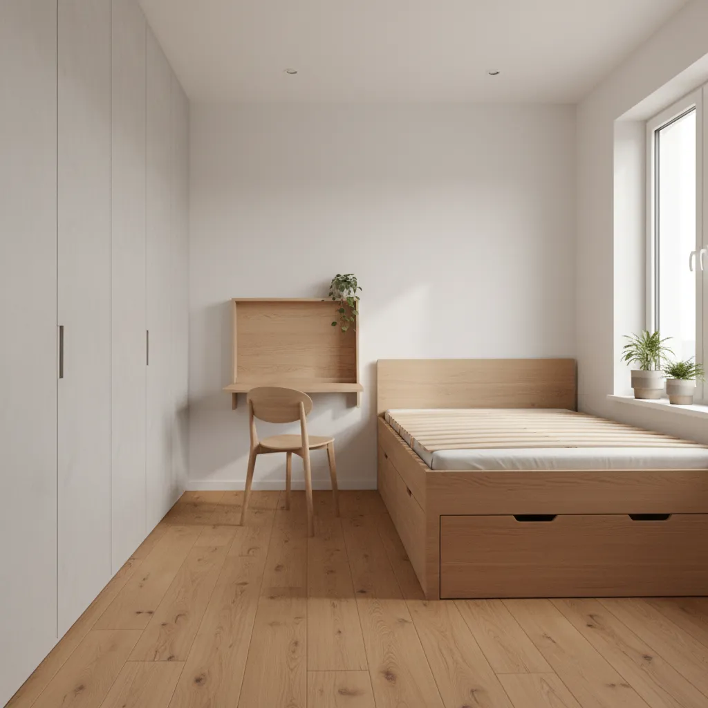 Small bedroom layout with storage bed foldable desk and open walking space