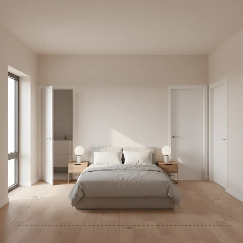 Small bedroom with multiple doors showing layout constraints