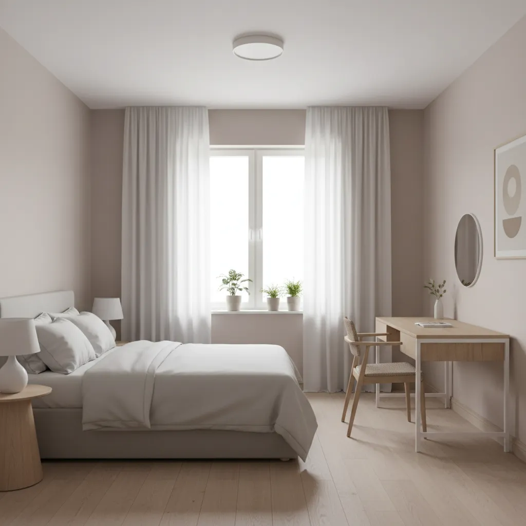 small bedroom office layout with bed desk and walkway space
