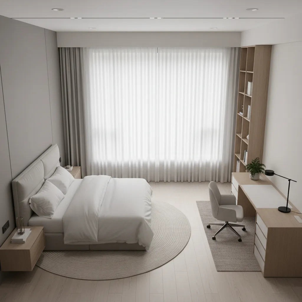bedroom office layout showing clear walking space between furniture