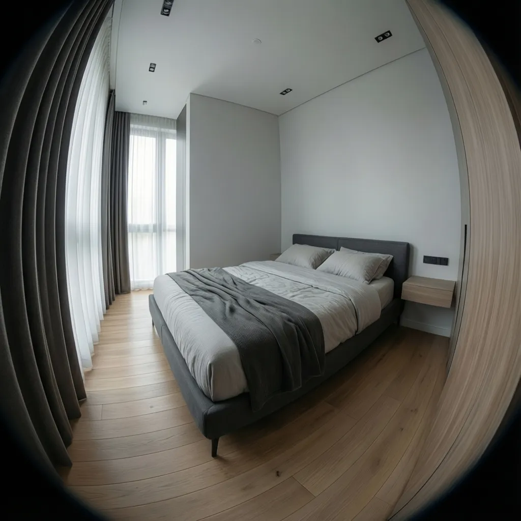 Small bedroom with full bed pushed toward one wall creating a clear walkway